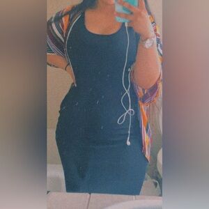 Short black dress with colorful cardigan